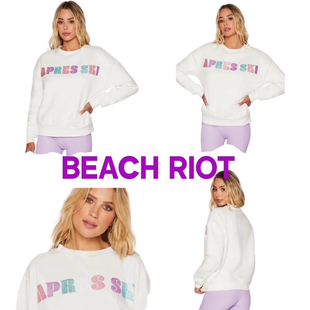 Anthropologie Beach Riot Apres Ski Sweatshirt White Pink Glitter Graphic Large